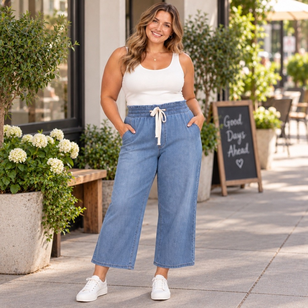 Kensie Jeans Womens XXL Wide Leg Pull On Denim Pants Drawstring High Rise Casual
